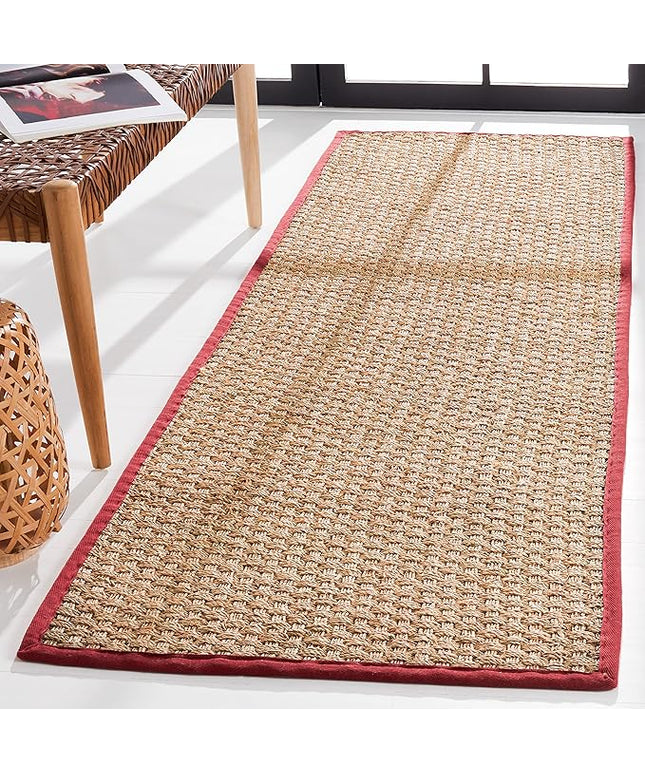 SAFAVIEH Natural Fiber Collection Runner Rug - 2'6" x 8', Natural & Red, Seagrass, Basketweave Pattern with Border (NF114D)
