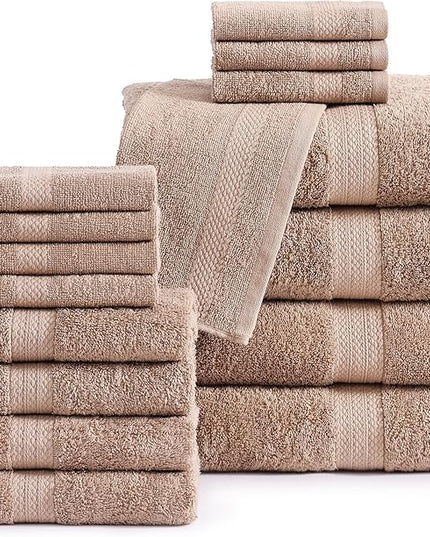 LANE LINEN 100% Mercerized Cotton Bathroom Towel Set - 16 Pieces - Fluffy, Super Soft & Highly Absorbent - 4 Bath Towels, 8 Washcloths, 4 Hand Towels - Ring Spun, Double Sided Cotton Terry - Taupe
