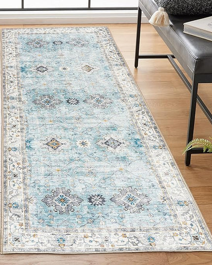 ReaLife Rugs Machine Washable Area Rug Runner - Living Room Bedroom Bathroom Kitchen Entryway Office - Padded Low Pile Stain Resistant Premium - Boho Farmhouse Vintage - BEV - Blue Ivory 2'6" x 6'