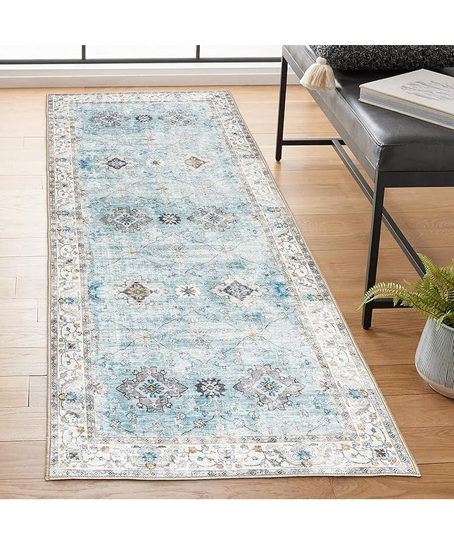 ReaLife Rugs Machine Washable Area Rug Runner - Living Room Bedroom Bathroom Kitchen Entryway Office - Padded Low Pile Stain Resistant Premium - Boho Farmhouse Vintage - BEV - Blue Ivory 2'6" x 6'