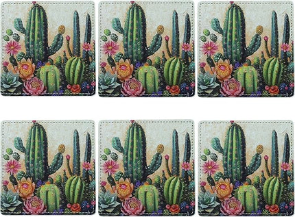 Marble Coasters Square Leather Drinks Coaster Set with Holder for Coffee Table Bar Home Decor 4 Inches Set of 6 (Cactus, One Size)