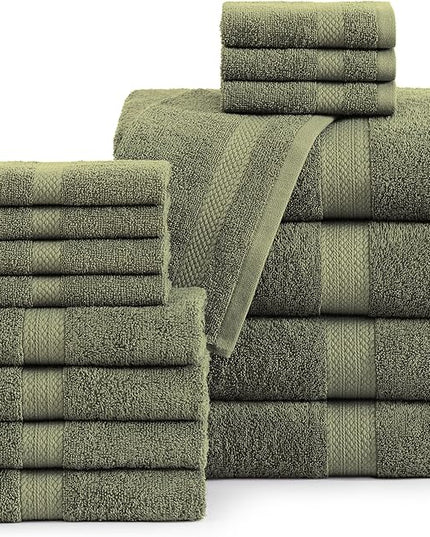 Lane Linen 100% Cotton Luxury Bath Towel Set - 16 Pieces - Ring Spun, Super Soft & Highly Absorbent - 4 Bath, 8 Washcloths, 4 Hand Towels for Bathroom - Minimal Lint & Fading, Pre Shrunk - Olive Green