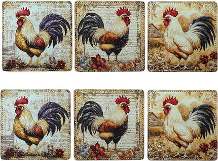 Rooster Coasters Square Leather Drinks Coaster Set with Holder for Coffee Table Bar Home Decor 4 Inches Set of 6