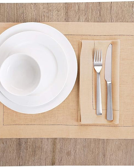 Solino Home Linen Cloth Placemats Set of 6-100% Pure Linen Hemstitch Beige Placemats 14 x 19 Inch - Classic Hemstitch Table Place Mats