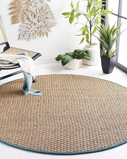 SAFAVIEH Area Rug 6' Round - Natural Fiber Collection - Natural & Light Blue, Seagrass, Basketweave Pattern with Border (NF114M)