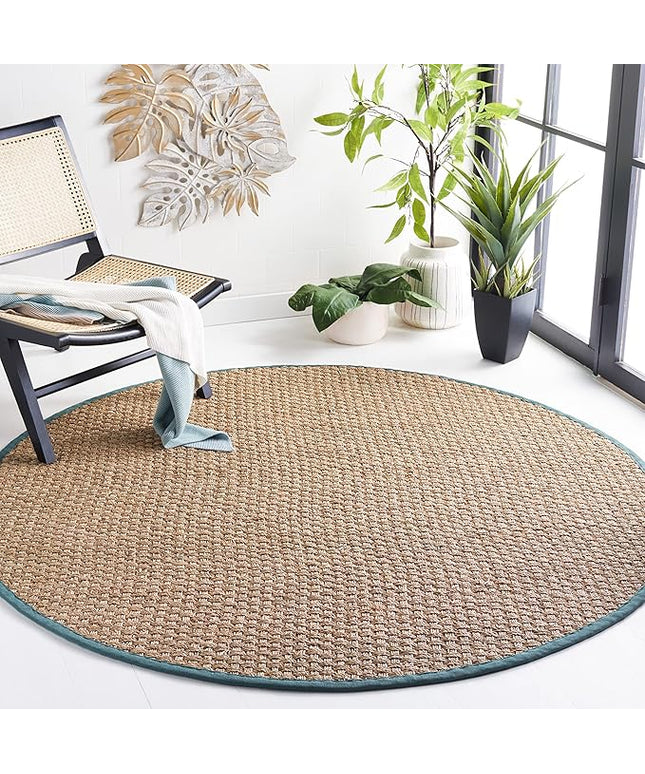 SAFAVIEH Area Rug 8' Round - Natural Fiber Collection - Natural & Light Blue, Seagrass, Basketweave Pattern with Border (NF114M)