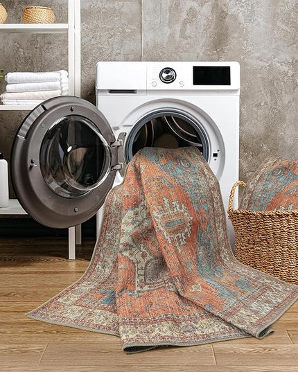 GLN Rugs Traditional Collection - Machine Washable Area Rug, Traditional Washable, Non Slip, Low Pile Chenille Rug, Living Room, Bedroom, Kitchen Rug (2'6"x7' Burnt Orange)