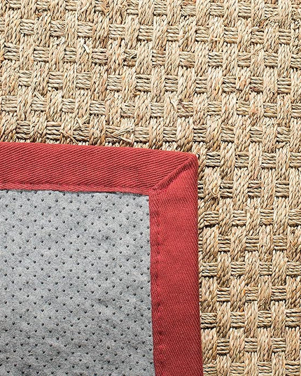 SAFAVIEH Area Rug 9x12 - Natural Fiber Collection - Large - Natural & Red, Seagrass, Basketweave Pattern with Border (NF114D)