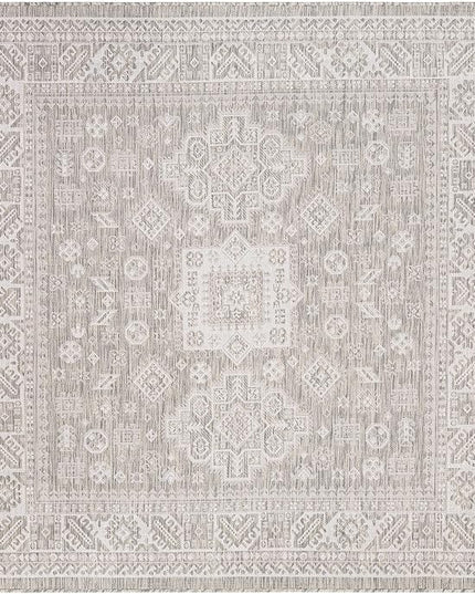 Rugs.com Outdoor Aztec Collection Rug – 6 Ft Square Light Gray Flatweave-Pile Rug Perfect for Living Rooms, Kitchens, Entryways