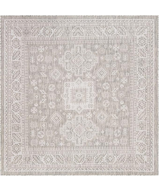 Rugs.com Outdoor Aztec Collection Rug – 6 Ft Square Light Gray Flatweave-Pile Rug Perfect for Living Rooms, Kitchens, Entryways