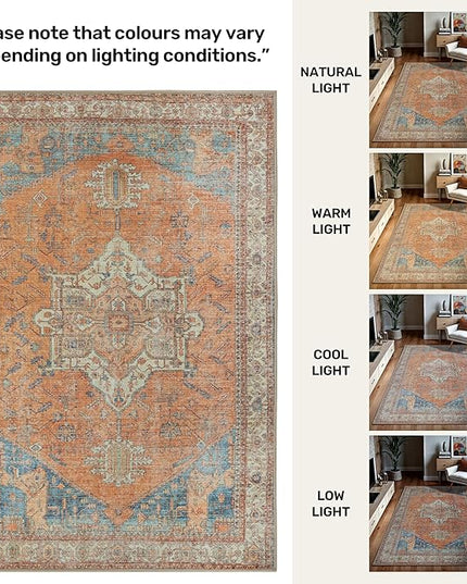 GLN Rugs Traditional Collection - Machine Washable Area Rug, Traditional Washable, Non Slip, Low Pile Chenille Rug, Living Room, Bedroom, Kitchen Rug (9'x12' Burnt Orange)