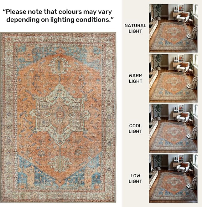 GLN Rugs Traditional Collection - Machine Washable Area Rug, Traditional Washable, Non Slip, Low Pile Chenille Rug, Living Room, Bedroom, Kitchen Rug (5'3" Round Burnt Orange)