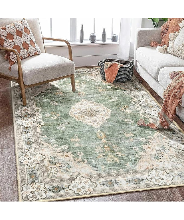 MUJOO Boho Rug 4'x6.5' Area Rugs for Bedroom Living Room Dining Room Green Small Rugs Machine Washable Non Slip Carpet for Office Dorm Bedside Kitchen Laundry Room Accent Soft Floral