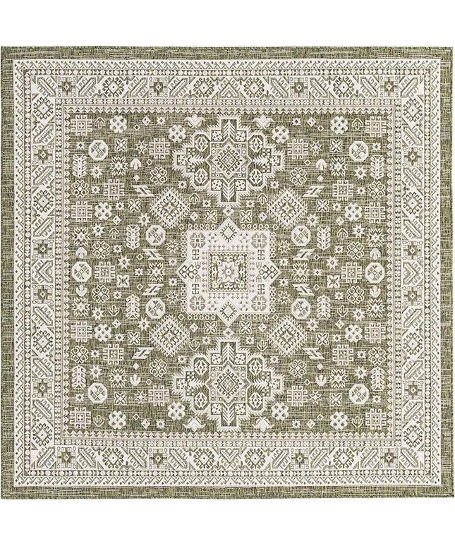 Rugs.com Outdoor Aztec Collection Rug – 8 Ft Square Green Flatweave Rug Perfect for Living Rooms, Kitchens, Entryways