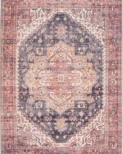 GLN Rugs Traditional Collection - Machine Washable Area Rug, Traditional Washable, Non Slip, Low Pile Chenille Rug, Living Room, Bedroom, Kitchen Rug (7'10"x10' Black/Terra)