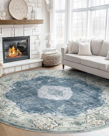 MUJOO Blue Round Rug 9ft,Large Circle Washable Area Rugs for Bedroom Living Room Bathroom,Boho Non Slip Circular Carpet,Floral