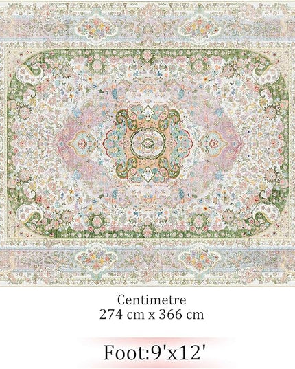 9x12 Area Rugs Washable,Pink Rug for Living Room Bedroom Dining Room,Large Boho Vintage Bohemian Distressed Carpet Non Slip,Blush Green
