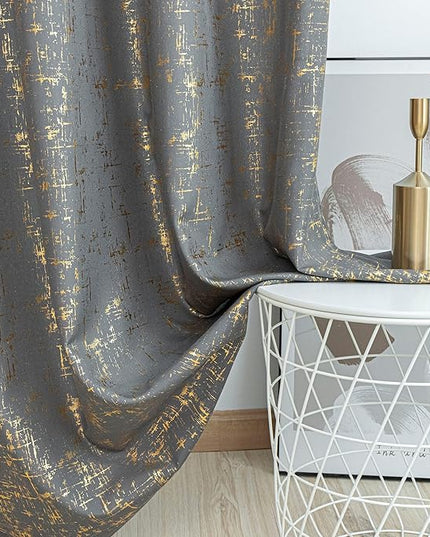 Taisier Home Dark Grey & Gold Geometric Dots Curtains 72" L- Light Filtering Decorative Window Panels, Set of 2 Gold Foil Print Linen Textured Drapes for Living Room Bedroom