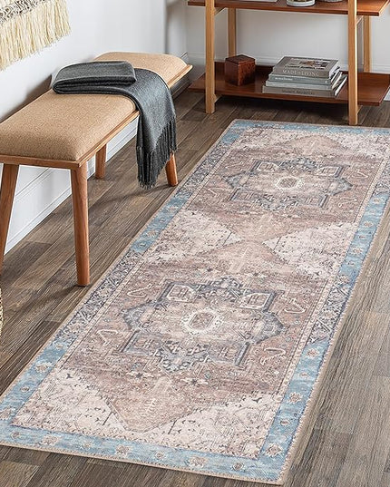 GLN Rugs Traditional Collection - Machine Washable Area Rug, Traditional Washable, Non Slip, Low Pile Chenille Rug, Living Room, Bedroom, Kitchen Rug (2'6"x7' Brown/Blue)