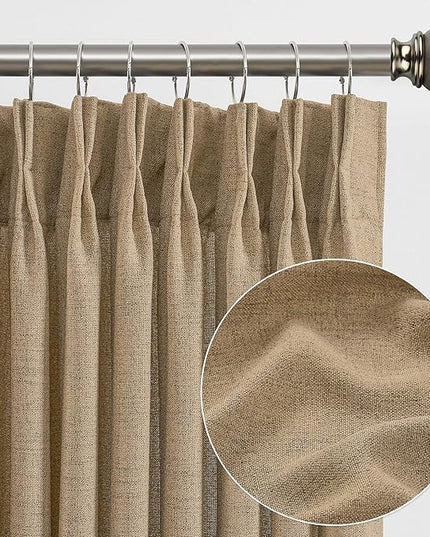Dark Flax Pinch Pleated Linen Curtains 120 Inches Long Semi Sheer Memory Trained Ripple Fold Curtain with Hooks Back Tab Textured Light Filtering Drapes for Bedroom Living Room 42x120 Set of 2