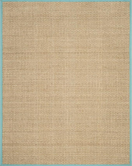 SAFAVIEH Area Rug 9x12 - Natural Fiber Collection - Large - Natural & Teal, Seagrass, Basketweave Pattern with Border (NF114R)