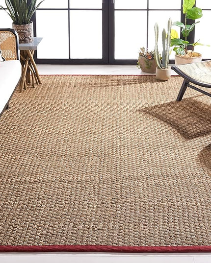 SAFAVIEH Area Rug 9x12 - Natural Fiber Collection - Large - Natural & Red, Seagrass, Basketweave Pattern with Border (NF114D)