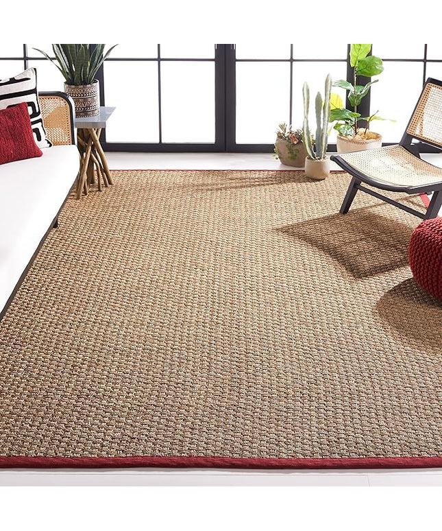 SAFAVIEH Area Rug 9x12 - Natural Fiber Collection - Large - Natural & Red, Seagrass, Basketweave Pattern with Border (NF114D)