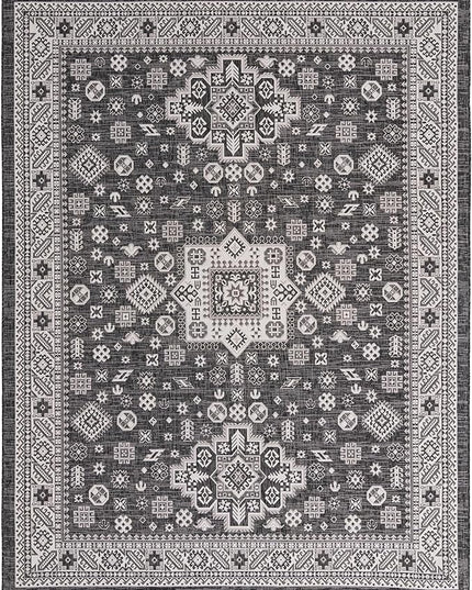 Rugs.com Outdoor Aztec Collection Rug – 10' x 13' Charcoal Gray Flatweave Rug Perfect for Living Rooms, Large Dining Rooms, Open Floorplans