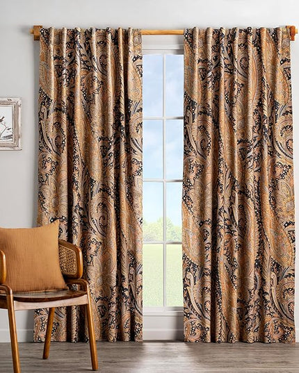 Maison d' Hermine Curtains for living room 100% Cotton 124 inch length One Panel Light Filtering Curtains for Bedroom Windows with rod and loop Pockets Drapes (Kashmir Paisley Graphite, 50"W x 124"L)