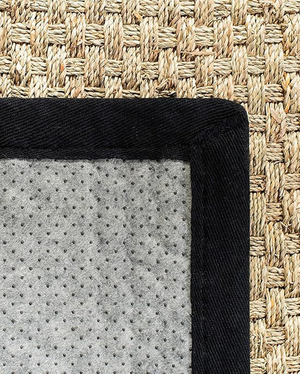 SAFAVIEH Area Rug 8' Square - Natural Fiber Collection - Large - Natural & Black, Seagrass, Basketweave Pattern with Border (NF114C)
