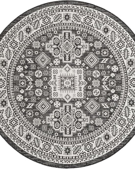 Rugs.com Outdoor Aztec Collection Rug – 6 Ft Round Charcoal Gray Flatweave-Pile Rug Perfect for Kitchens, Dining Rooms