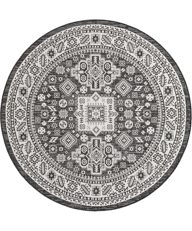 Rugs.com Outdoor Aztec Collection Rug – 6 Ft Round Charcoal Gray Flatweave-Pile Rug Perfect for Kitchens, Dining Rooms