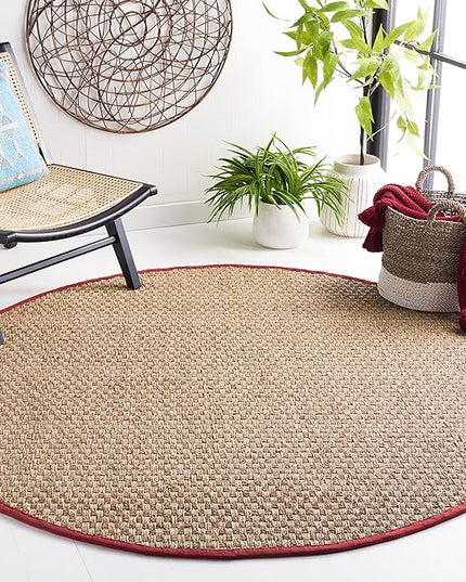 SAFAVIEH Area Rug 8' Round - Natural Fiber Collection - Large - Natural & Red, Seagrass, Basketweave Pattern with Border (NF114D)