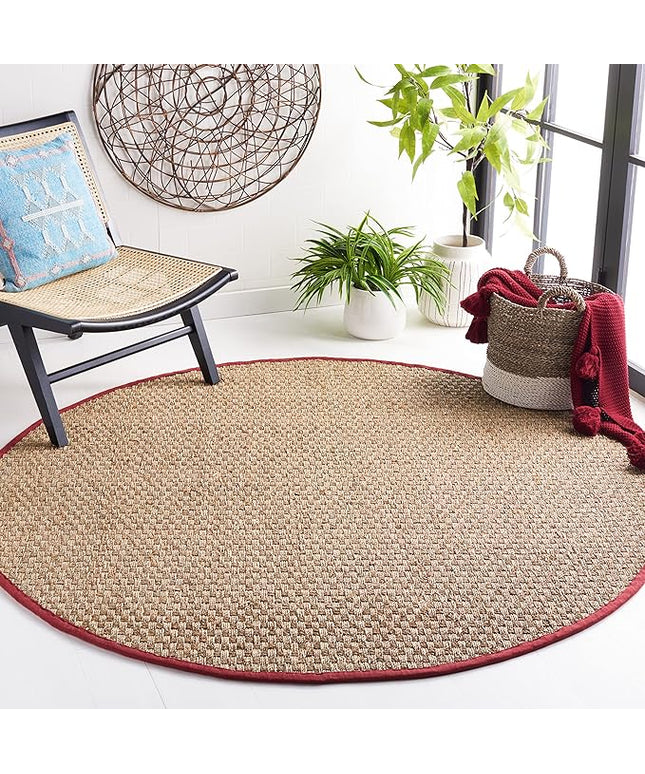 SAFAVIEH Area Rug 8' Round - Natural Fiber Collection - Large - Natural & Red, Seagrass, Basketweave Pattern with Border (NF114D)