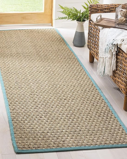 SAFAVIEH Natural Fiber Collection Runner Rug - 2'6" x 8', Natural & Teal, Seagrass, Basketweave Pattern with Border (NF114R)
