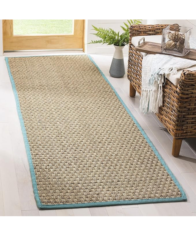 SAFAVIEH Natural Fiber Collection Runner Rug - 2'6" x 12', Natural & Teal, Seagrass, Basketweave Pattern with Border (NF114R)