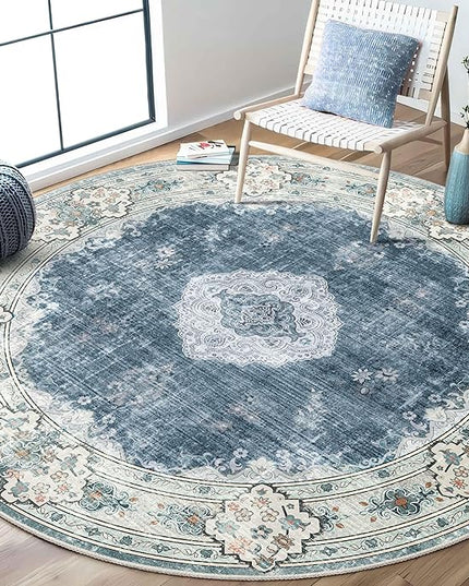 MUJOO Blue Round Rug 6ft,Circle Washable Area Rugs for Bedroom Living Room Bathroom,Boho Large Non Slip Circular Carpet,Floral