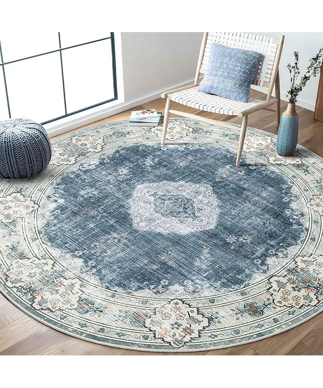 MUJOO Blue Round Rug 6ft,Circle Washable Area Rugs for Bedroom Living Room Bathroom,Boho Large Non Slip Circular Carpet,Floral
