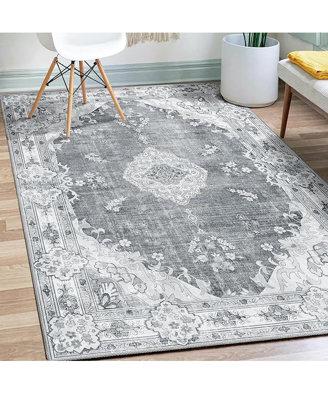 MUJOO Grey Rug 3'x5' Washable, Boho Area Rugs for Entryway Bedroom Living Room Kitchen,Small Vintage Bohemian Distressed Farmhouse Non Slip Carpet,Floral