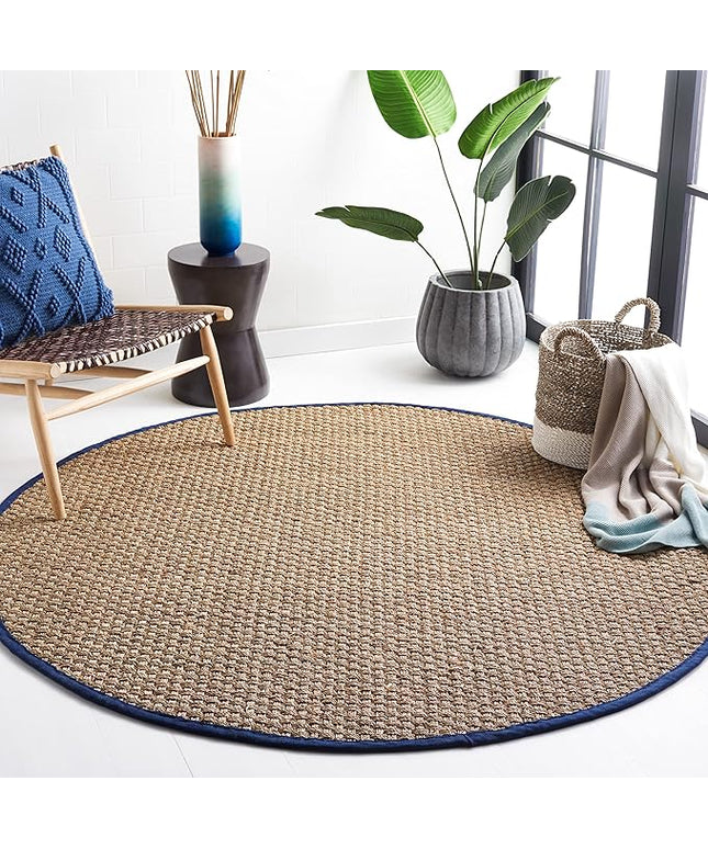 SAFAVIEH Area Rug 3' Round - Natural Fiber Collection - Natural & Blue, Seagrass, Basketweave Pattern with Border (NF114E)