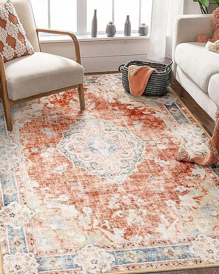 MUJOO Boho Rug 4'x6.5' Area Rugs for Bedroom Living Room Dining Room Small Rugs Machine Washable Carpet for Office Dorm Bedside Kitchen Laundry Room Accent Soft Low-Pile Floral Orange