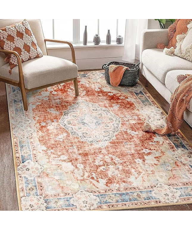 MUJOO Boho Rug 4'x6.5' Area Rugs for Bedroom Living Room Dining Room Small Rugs Machine Washable Carpet for Office Dorm Bedside Kitchen Laundry Room Accent Soft Low-Pile Floral Orange