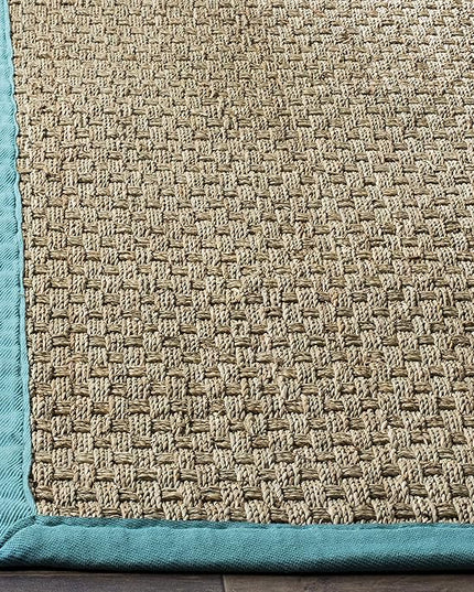 Safavieh Natural Fiber Collection Runner Rug - 2'6" x 10', Natural & Teal, Seagrass, Basketweave Pattern with Border (NF114R)