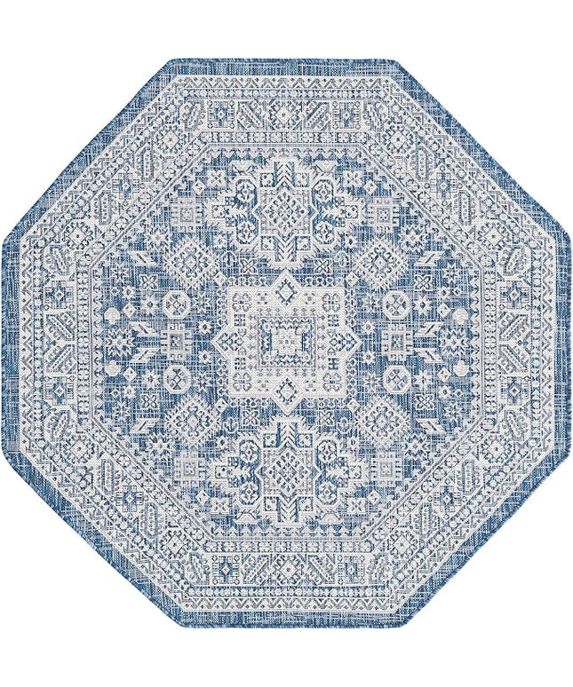 Rugs.com Outdoor Aztec Collection Rug – 5 Ft Octagon Blue Flatweave Rug Perfect for Living Rooms, Kitchens, Entryways