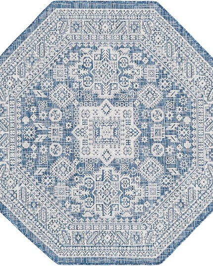 Rugs.com Outdoor Aztec Collection Rug – 5 Ft Octagon Blue Flatweave Rug Perfect for Living Rooms, Kitchens, Entryways