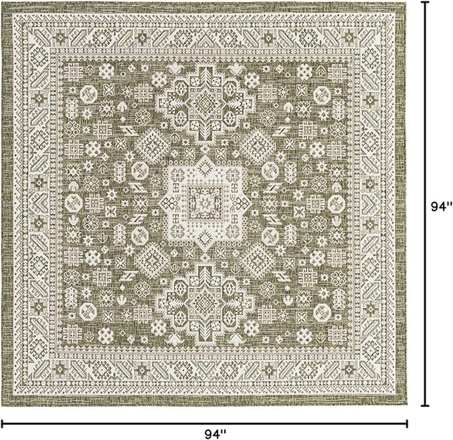 Rugs.com Outdoor Aztec Collection Rug – 8 Ft Square Green Flatweave Rug Perfect for Living Rooms, Kitchens, Entryways