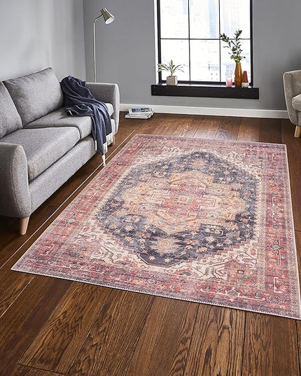 GLN Rugs Traditional Collection - Machine Washable Area Rug, Traditional Washable, Non Slip, Low Pile Chenille Rug, Living Room, Bedroom, Kitchen Rug (3'x5' Black/Terra)