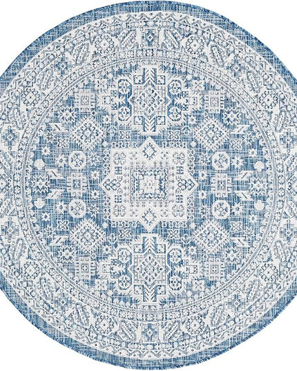 Rugs.com Outdoor Aztec Collection Rug – 5 Ft Round Blue Flatweave Rug Perfect for Kitchens, Dining Rooms