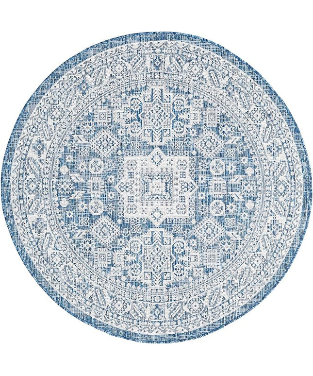 Rugs.com Outdoor Aztec Collection Rug – 5 Ft Round Blue Flatweave Rug Perfect for Kitchens, Dining Rooms