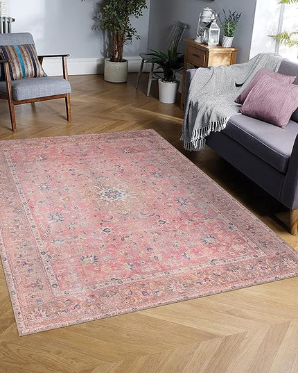 GLN Rugs Traditional Collection - Machine Washable Area Rug, Traditional Washable, Non Slip, Low Pile Chenille Rug, Living Room, Bedroom, Kitchen Rug (5'x7' Pink Vintage)